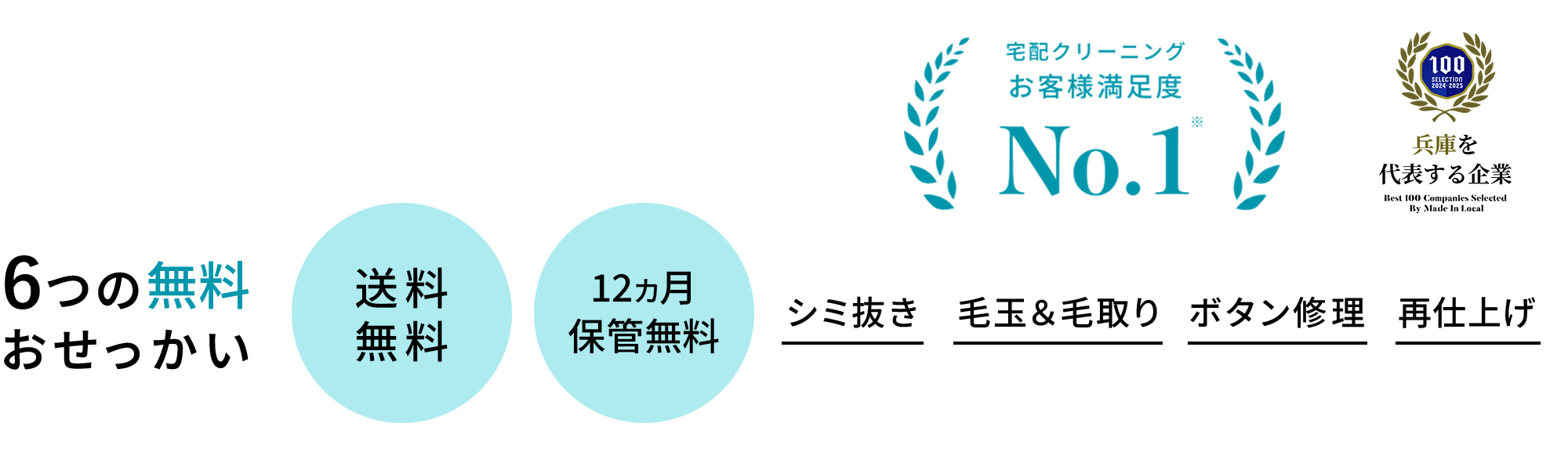 6つの無料おせっかい 送料無料/12カ月保管無料/シミ抜き/毛玉取り/ボタン修理/再仕上げ 兵庫県を代表する企業100選